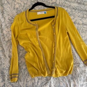 Sparrow Women's Mustard Yellow Button-Front Cardigan Sweater with gold detail